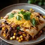 High protein beef enchilada skillet - the image shows a plate of enchiladas on a wooden table. the enchillas are made with ground beef, black beans, corn kernels, and shredded cheese. the dish is garnished with fresh cilantro and there is a skillet in the background. the plate is brown and the food is arranged neatly on it. the background is blurred, but it appears to be a rustic kitchen countertop.