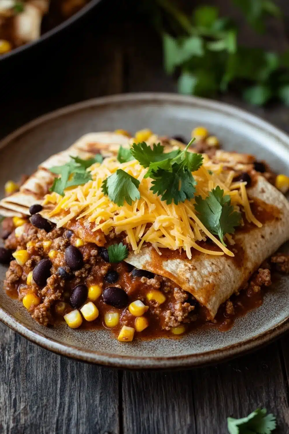 High protein beef enchilada skillet - the image shows a plate of enchiladas on a wooden table. the enchillas are made with ground beef, black beans, corn kernels, and shredded cheese. the dish is garnished with fresh cilantro and there is a skillet in the background. the plate is brown and the food is arranged neatly on it. the background is blurred, but it appears to be a rustic kitchen countertop.