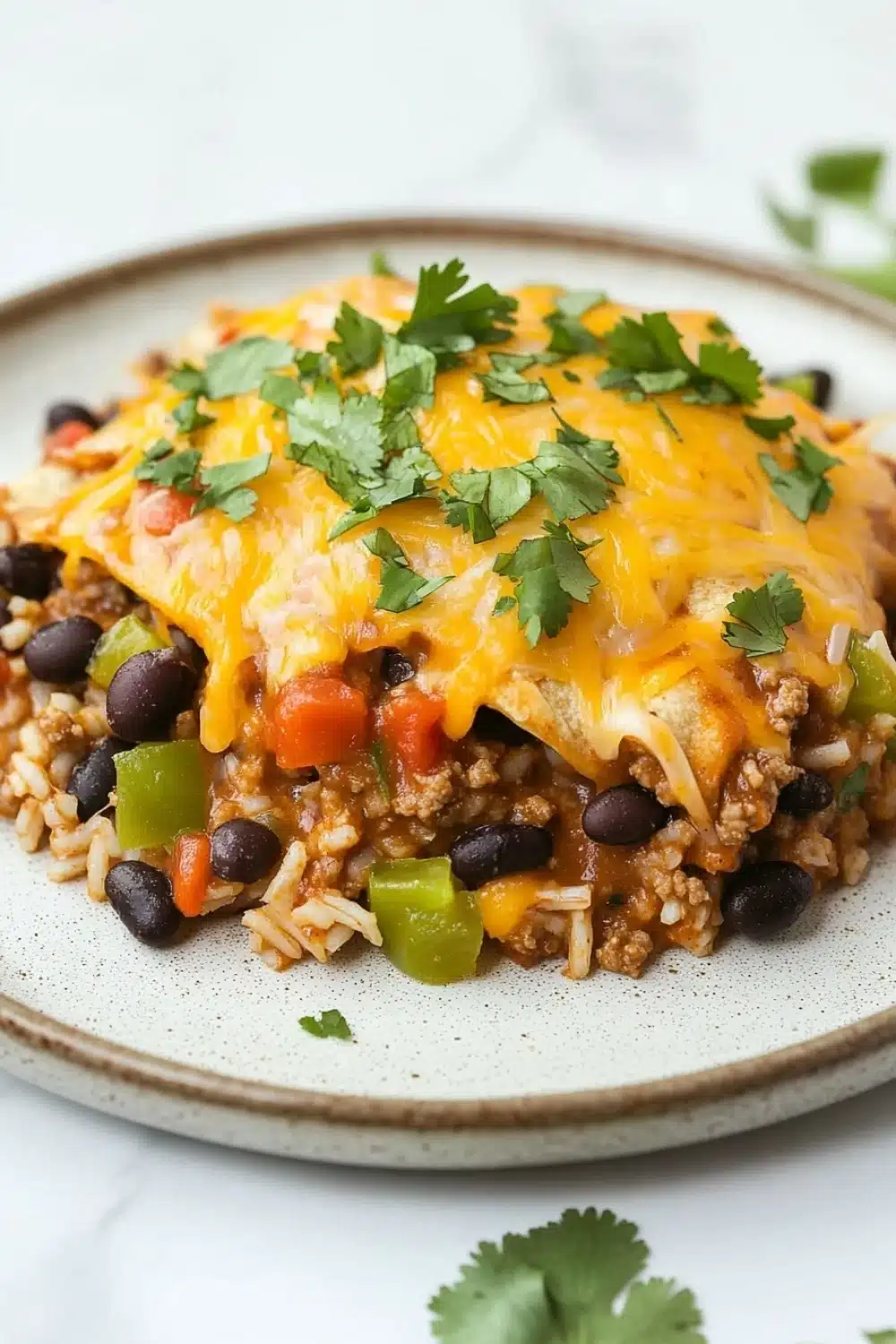 High protein beef enchilada skillet - the image shows a plate of enchiladas on a white marble countertop. the enchillas are covered in a layer of melted cheese and are garnished with fresh cilantro. the cheese is golden brown and appears to be melted and bubbly. on top of the cheese, there are chunks of ground beef, black beans, red bell peppers, and green bell peppers. the dish is served on a bed of brown rice. the plate is white with a speckled pattern and there are a few sprigs of cilantro scattered around the plate.
