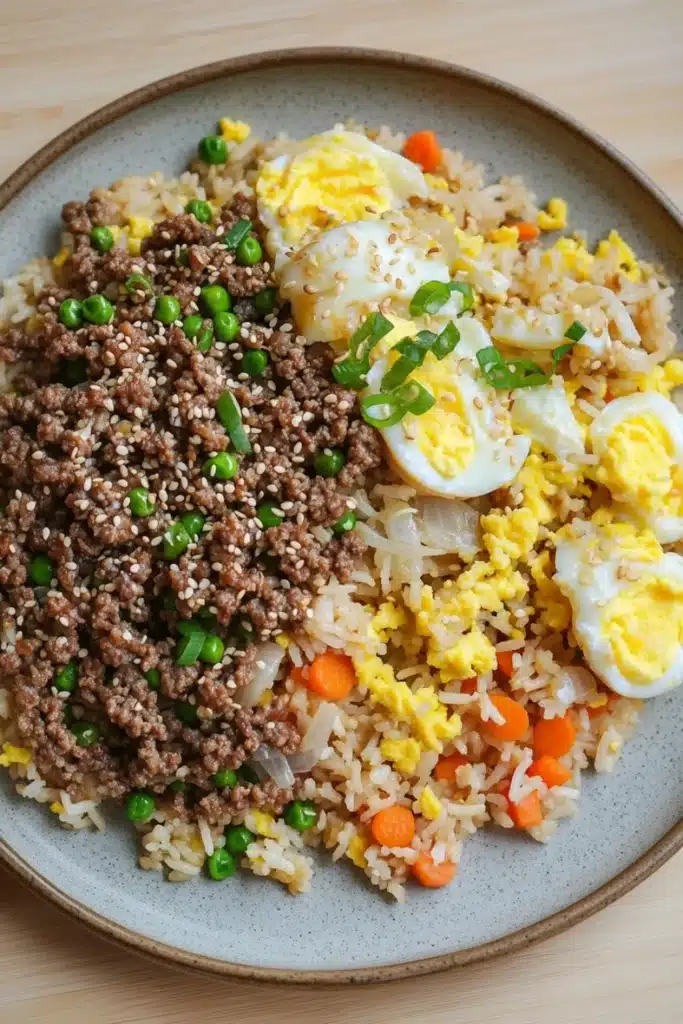 High protein korean beef fried rice - the image is a close-up of a plate of food. the plate is made of a light-colored ceramic material and is placed on a wooden table. the food appears to be a type of rice dish with a variety of ingredients. on top of the rice, there are chunks of ground beef, diced carrots, and sliced onions. there are also two hard-boiled eggs on top, which are yellow and white in color. the dish is garnished with chopped green onions and sesame seeds. the overall appearance of the dish is colorful and appetizing.
