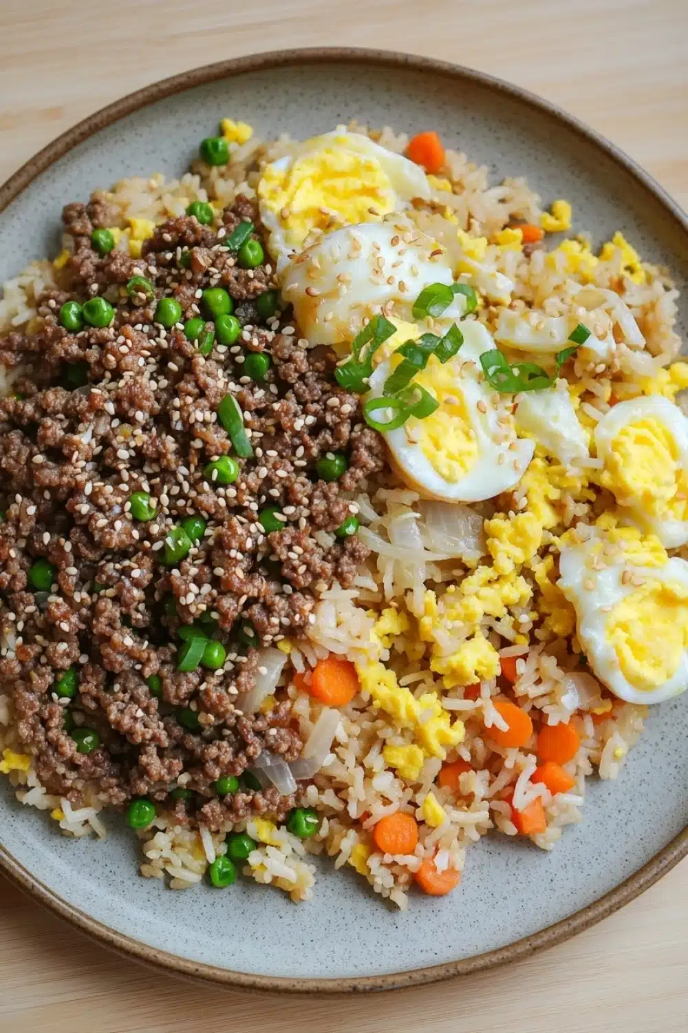 High protein korean beef fried rice - the image is a close-up of a plate of food. the plate is made of a light-colored ceramic material and is placed on a wooden table. the food appears to be a type of rice dish with a variety of ingredients. on top of the rice, there are chunks of ground beef, diced carrots, and sliced onions. there are also two hard-boiled eggs on top, which are yellow and white in color. the dish is garnished with chopped green onions and sesame seeds. the overall appearance of the dish is colorful and appetizing.