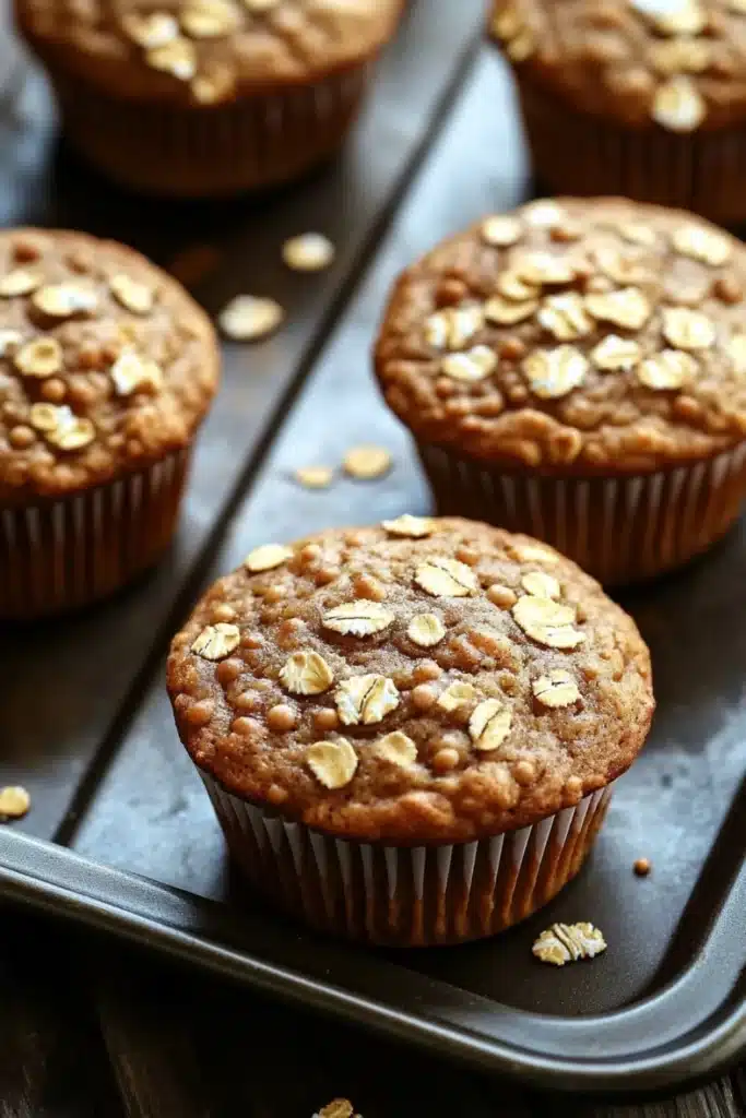 High protein vegan breakfast muffin - the image shows a tray of freshly baked muffins on a wooden table. the muffins are golden brown in color and have a crumbly texture. they are topped with chopped oats, giving them a crunchy appearance. the tray is lined with parchment paper and there are scattered oats around the tray. the background is blurred, but it appears to be a kitchen countertop.