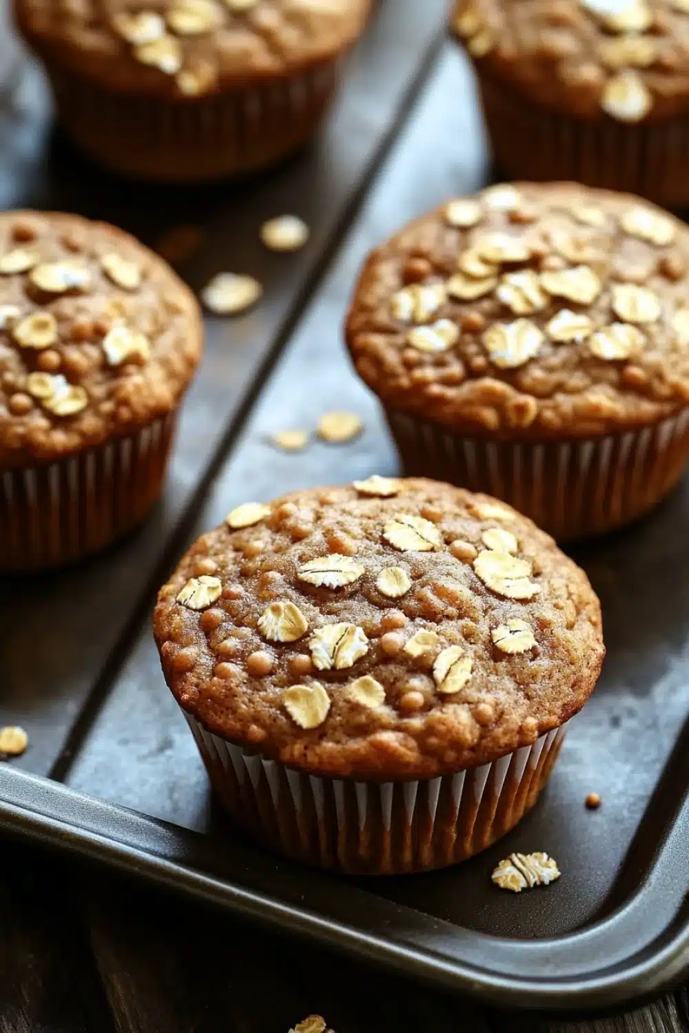 High protein vegan breakfast muffin - the image shows a tray of freshly baked muffins on a wooden table. the muffins are golden brown in color and have a crumbly texture. they are topped with chopped oats, giving them a crunchy appearance. the tray is lined with parchment paper and there are scattered oats around the tray. the background is blurred, but it appears to be a kitchen countertop.