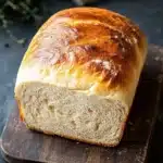 Homemade sandwich bread - the image shows a loaf of bread on a wooden cutting board. the bread appears to be freshly baked and has a golden brown crust on top. the loaf is cut in half, revealing the soft, fluffy interior. the cutting board is placed on a dark grey countertop with a sprig of rosemary on the side. a white cloth napkin is visible in the background. the overall mood of the image is rustic and homey.