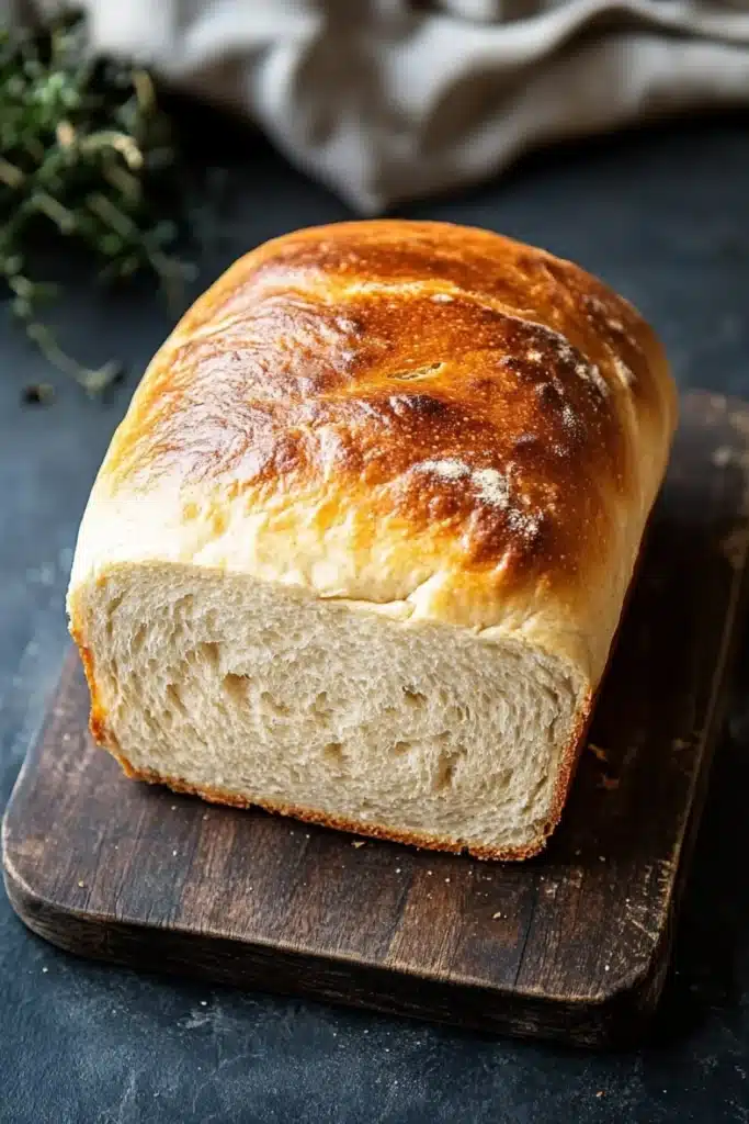 Homemade sandwich bread - the image shows a loaf of bread on a wooden cutting board. the bread appears to be freshly baked and has a golden brown crust on top. the loaf is cut in half, revealing the soft, fluffy interior. the cutting board is placed on a dark grey countertop with a sprig of rosemary on the side. a white cloth napkin is visible in the background. the overall mood of the image is rustic and homey.