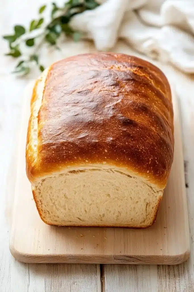 Homemade sandwich bread - the image shows a freshly baked loaf of bread on a wooden cutting board. the bread is golden brown in color and has a soft, fluffy texture. it is placed on a white wooden table with a white cloth napkin and a sprig of fresh thyme on the side. the background is blurred, but it appears to be a kitchen countertop.