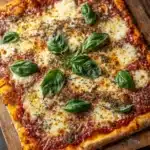 Italian sheet pan pizza - the image is of a square pizza on a wooden cutting board. the pizza has a golden brown crust and is topped with melted cheese and fresh basil leaves. the cheese is melted and bubbly, and the basil leaves are arranged in a scattered manner on top of the pizza. the background is dark and out of focus, making the pizza the focal point of the image.