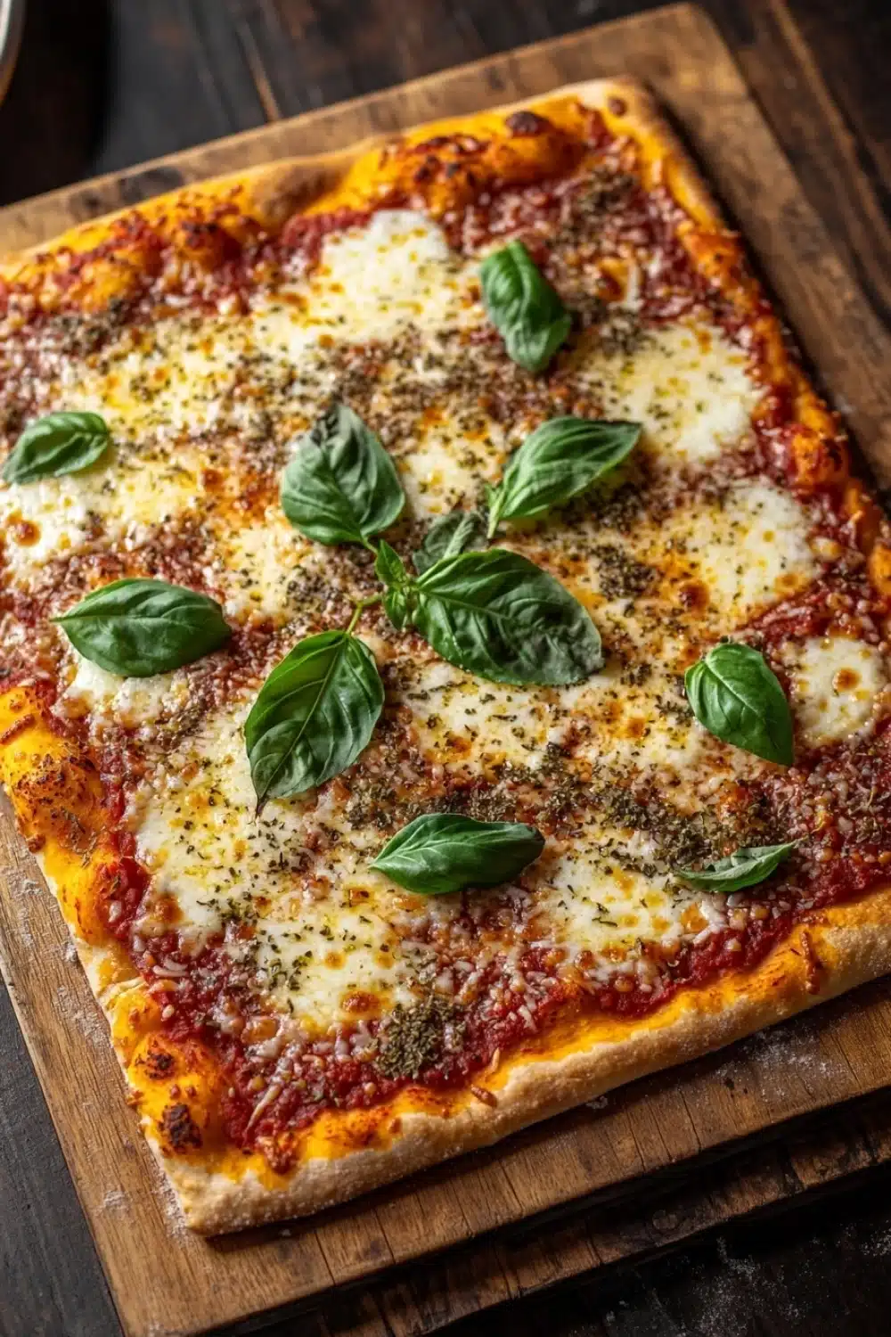 Italian sheet pan pizza - the image is of a square pizza on a wooden cutting board. the pizza has a golden brown crust and is topped with melted cheese and fresh basil leaves. the cheese is melted and bubbly, and the basil leaves are arranged in a scattered manner on top of the pizza. the background is dark and out of focus, making the pizza the focal point of the image.