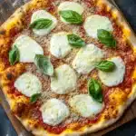 Italian sheet pan pizza - the image is of a freshly baked pizza on a wooden cutting board. the pizza has a golden brown crust and is topped with melted mozzarella cheese. the cheese is arranged in a circular pattern on top of the pizza, with some overlapping each other. there are also a few fresh basil leaves scattered around the board, adding a pop of green color to the dish. the background is a dark grey countertop, and there is a gray napkin on the right side of the image.