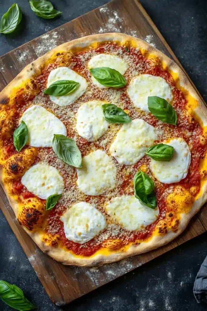 Italian sheet pan pizza - the image is of a freshly baked pizza on a wooden cutting board. the pizza has a golden brown crust and is topped with melted mozzarella cheese. the cheese is arranged in a circular pattern on top of the pizza, with some overlapping each other. there are also a few fresh basil leaves scattered around the board, adding a pop of green color to the dish. the background is a dark grey countertop, and there is a gray napkin on the right side of the image.