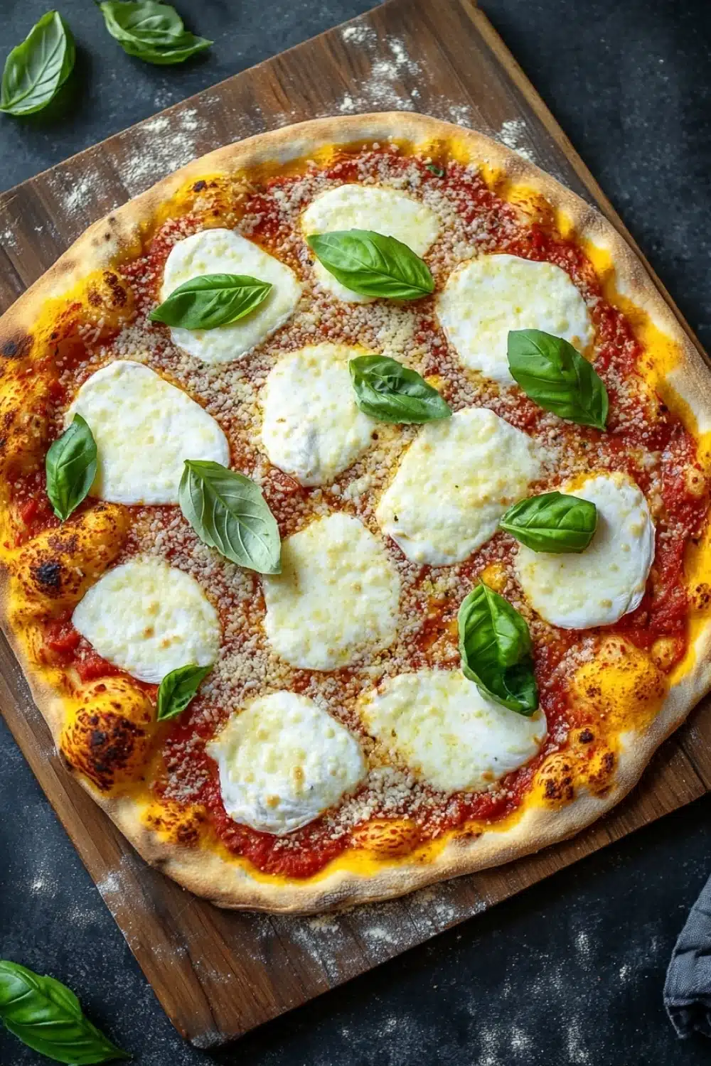Italian sheet pan pizza - the image is of a freshly baked pizza on a wooden cutting board. the pizza has a golden brown crust and is topped with melted mozzarella cheese. the cheese is arranged in a circular pattern on top of the pizza, with some overlapping each other. there are also a few fresh basil leaves scattered around the board, adding a pop of green color to the dish. the background is a dark grey countertop, and there is a gray napkin on the right side of the image.