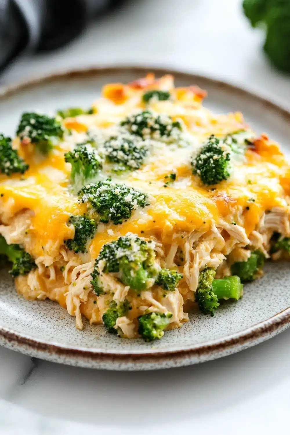 Keto chicken broccoli casserole - the image shows a plate of food with a casserole dish on it. the dish appears to be made with chicken, broccoli, and cheese. the chicken is covered in melted cheese and there are small pieces of broccoli scattered on top. the plate is white with a brown rim and is sitting on a white countertop. in the background, there is a bottle of wine and a bunch of fresh broccoli.
