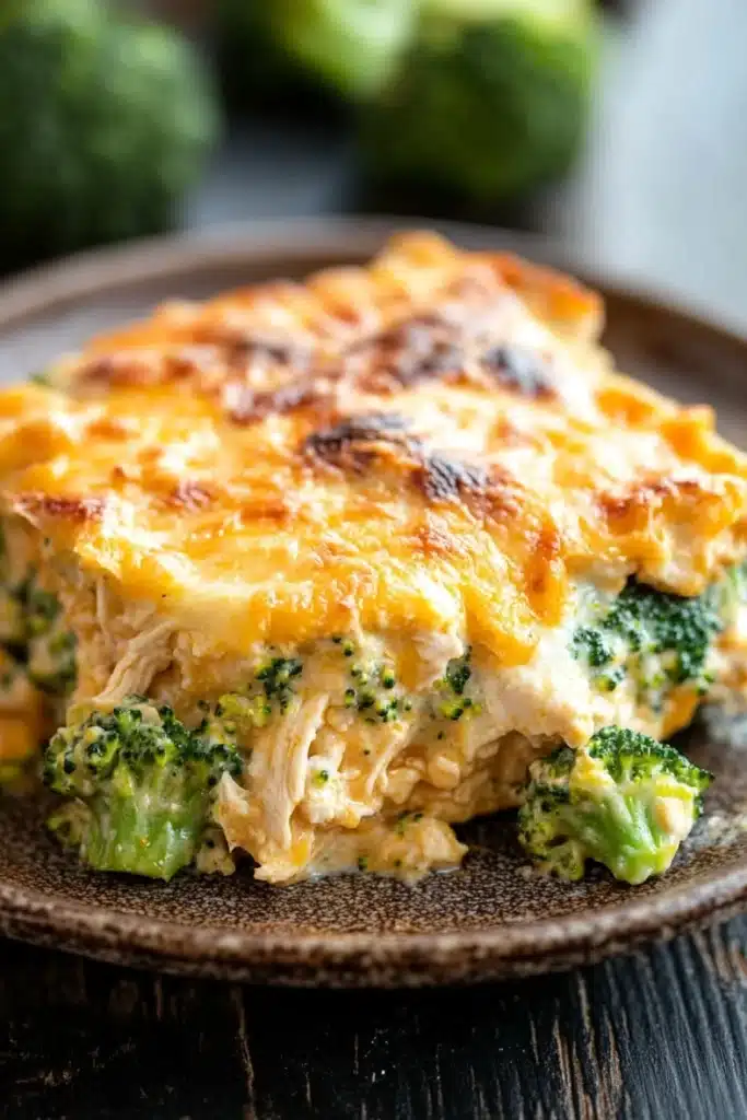 Keto chicken broccoli casserole - the image shows a slice of broccoli casserole on a brown plate. the dish is golden brown and has a layer of melted cheese on top. the cheese appears to be melted and bubbly, and there are small pieces of broccoli scattered around the plate. in the background, there are more broccoli florets, suggesting that the dish is ready to be eaten. the plate is sitting on a wooden table with a blurred background.