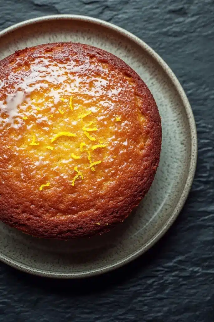 Lemon cake oil - the image is a close-up of a round cake on a gray plate. the cake appears to be freshly baked and has a golden brown crust on top. it is covered in a light dusting of powdered sugar, which is drizzled over the top of the cake. there are small pieces of orange zest scattered across the cake, adding a pop of color to the dish. the plate is placed on a dark grey textured surface.