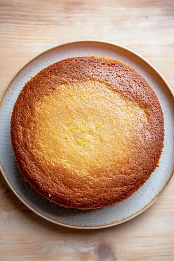 Lemon cake oil - the image is a close-up of a round cake on a light blue plate. the cake appears to be freshly baked and has a golden brown crust on top. the surface of the cake is smooth and shiny, with small yellow specks scattered across it. the plate is placed on a wooden table, and the background is blurred, making the cake the focal point of the image.