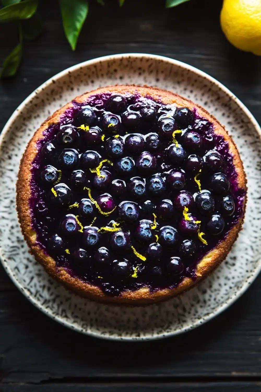 Lemon cake with blueberry pie filling - the image is of a round blueberry tart on a white plate with a speckled pattern. the tart has a golden brown crust and is filled with fresh blueberries. the blueberries are arranged in a circular pattern on top of the tart, with some of them overlapping each other. the plate is placed on a dark wooden table, with a few lemons and green leaves scattered around it. the overall color scheme of the image is dark and earthy, with the blueberries standing out against the white plate.
