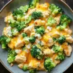 Macro chicken broccoli casserole - the image is a close-up of a bowl of food. the bowl is made of ceramic and is placed on a wooden table. the food appears to be a casserole dish with broccoli and chicken mixed in. the broccoli is bright green and looks fresh and healthy. the chicken is cut into small pieces and is covered in melted cheese. the cheese is a creamy yellow color and is scattered throughout the dish. the dish looks like it is ready to be eaten.