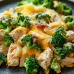Macro chicken broccoli casserole - the image is a close-up of a plate of food. the plate is black and has a textured surface. on the plate, there is a dish that appears to be a casserole or pasta dish with chunks of chicken and broccoli mixed in. the chicken is golden brown and looks crispy on the outside. the broccoli is bright green and looks fresh and vibrant. the dish is garnished with a sprinkle of herbs and spices. the background is blurred, but it seems like the plate is sitting on a wooden table.
