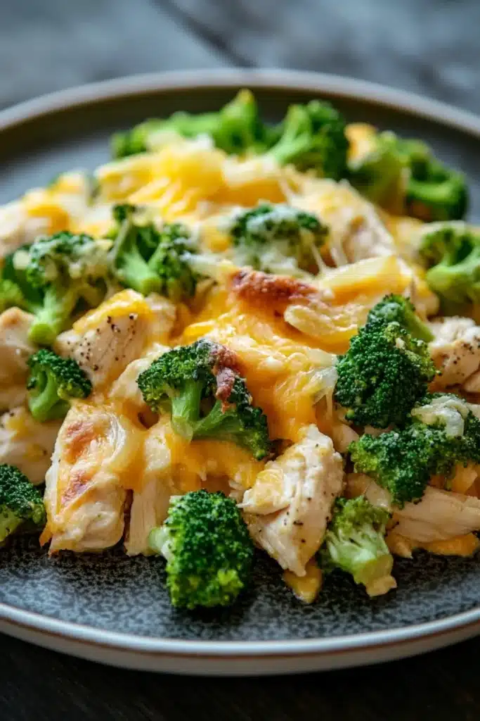 Macro chicken broccoli casserole - the image is a close-up of a plate of food. the plate is black and has a textured surface. on the plate, there is a dish that appears to be a casserole or pasta dish with chunks of chicken and broccoli mixed in. the chicken is golden brown and looks crispy on the outside. the broccoli is bright green and looks fresh and vibrant. the dish is garnished with a sprinkle of herbs and spices. the background is blurred, but it seems like the plate is sitting on a wooden table.