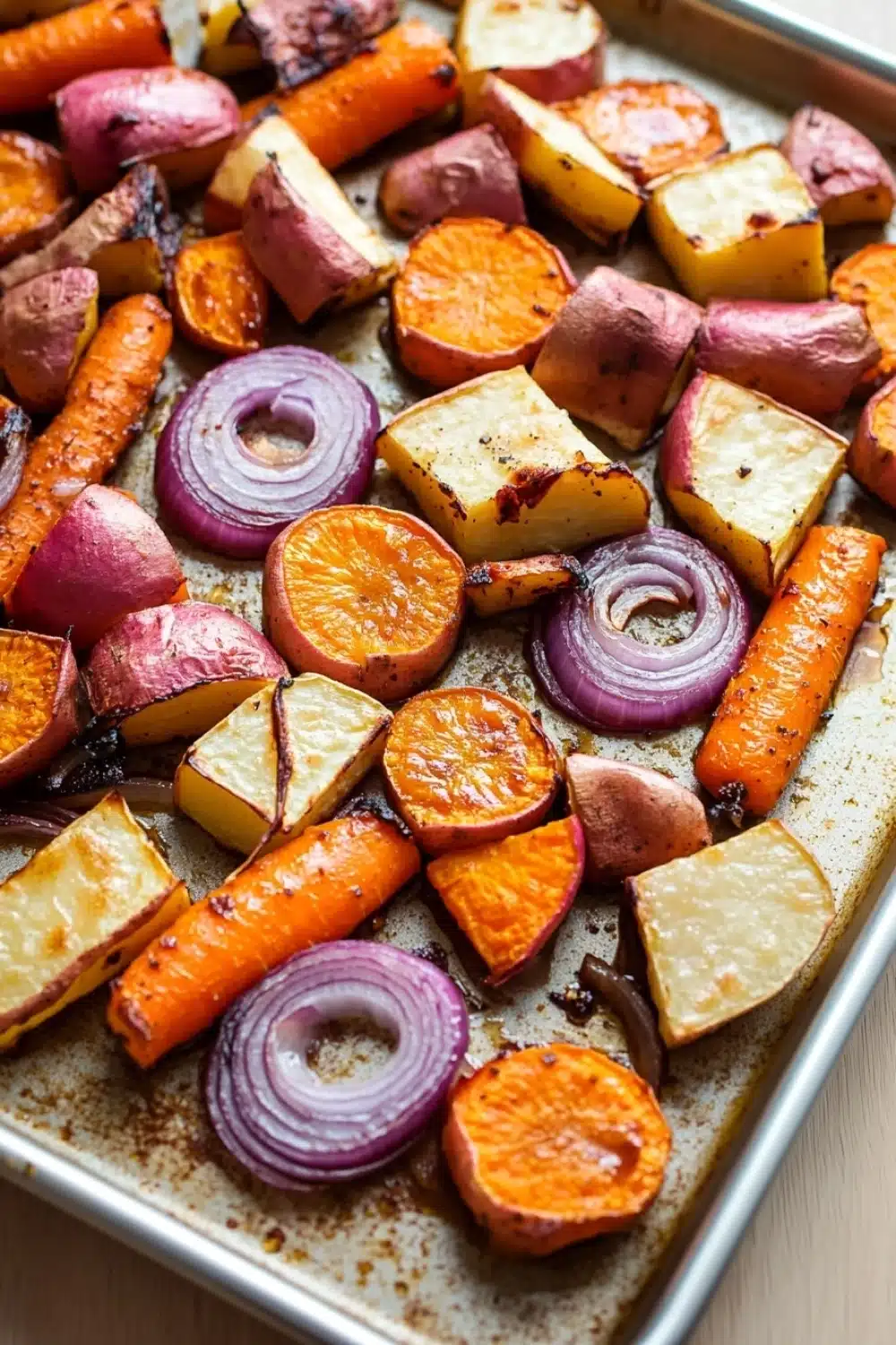 Maple roasted root vegetables - the image shows a baking tray filled with roasted vegetables. the vegetables are cut into small cubes and are arranged in a single layer on the tray. there are also slices of orange and red onions scattered throughout the tray, adding a pop of color to the dish. the tray appears to be made of stainless steel and is sitting on a wooden table. the background is blurred, but it seems to be a kitchen countertop.