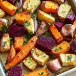 Maple roasted root vegetables - the image shows a baking tray filled with roasted vegetables. the vegetables are cut into small cubes and are arranged in a single layer on the tray. the carrots are orange in color and have a crispy texture. they are garnished with chopped parsley and red onions. the tray is sitting on a wooden table with a white napkin on the side. the background is blurred, but it appears to be a kitchen countertop.