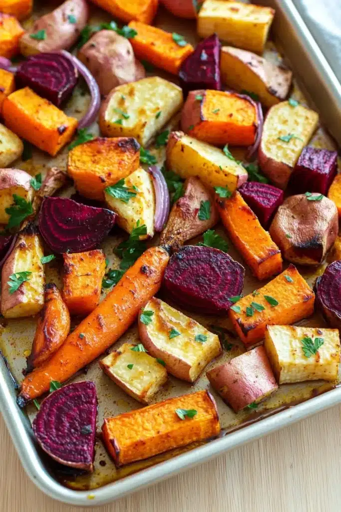 Maple roasted root vegetables - the image shows a baking tray filled with roasted vegetables. the vegetables are cut into small cubes and are arranged in a single layer on the tray. the carrots are orange in color and have a crispy texture. they are garnished with chopped parsley and red onions. the tray is sitting on a wooden table with a white napkin on the side. the background is blurred, but it appears to be a kitchen countertop.
