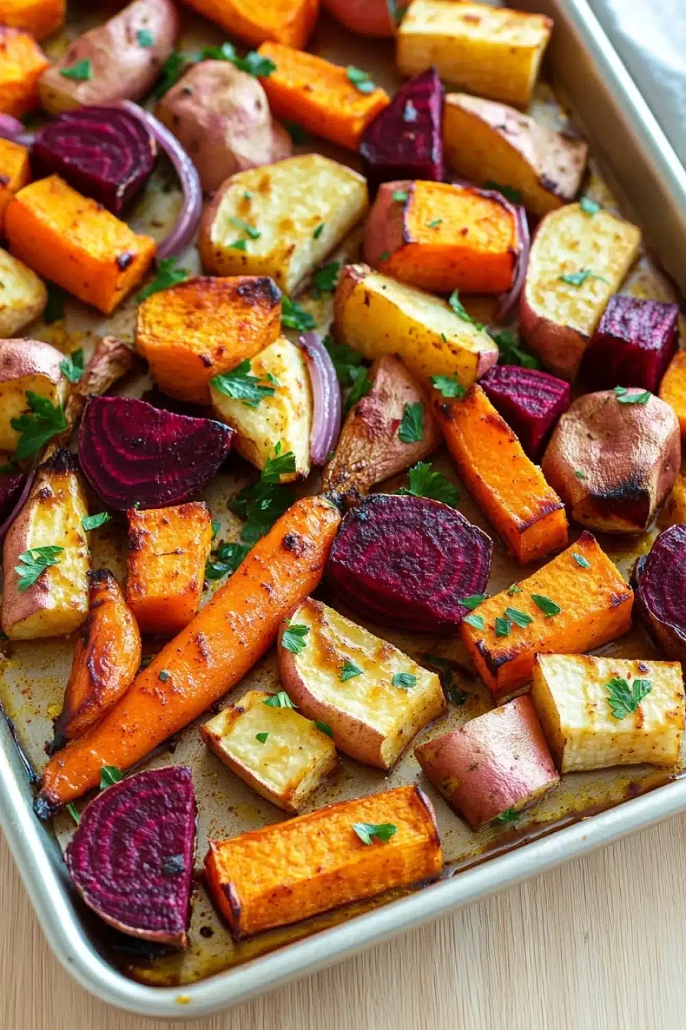 Maple roasted root vegetables - the image shows a baking tray filled with roasted vegetables. the vegetables are cut into small cubes and are arranged in a single layer on the tray. the carrots are orange in color and have a crispy texture. they are garnished with chopped parsley and red onions. the tray is sitting on a wooden table with a white napkin on the side. the background is blurred, but it appears to be a kitchen countertop.