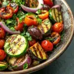 Mediterranean marinated vegetable salad - the image is a close-up of a colorful salad in a bowl. the salad is made up of grilled vegetables, including zucchini, cherry tomatoes, red onions, and olives. the vegetables are arranged in a circular pattern, with some overlapping each other. the colors of the vegetables are vibrant and the texture appears to be fresh and appetizing. the bowl is made of ceramic and has a dark brown finish. the background is a dark grey countertop.