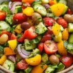 Mediterranean marinated vegetable salad - the image is a close-up of a colorful salad in a bowl. the salad is made up of various types of vegetables, including sliced cucumbers, cherry tomatoes, red onions, black olives, and yellow bell peppers. the vegetables are arranged in a circular pattern, with some overlapping each other. the bowl is made of a light-colored material, possibly ceramic or ceramic, and is sitting on a wooden table. the background is blurred, but it appears to be a kitchen countertop.