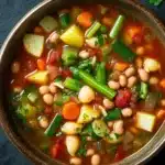 Minestrone soup classic - the image is a close-up of a bowl of soup. the soup appears to be a vegetable soup with white beans, carrots, celery, and other vegetables mixed in. the bowl is made of ceramic and is sitting on a dark grey surface. there are a few sprigs of parsley scattered around the bowl, adding a pop of green color to the dish. the broth is a rich red color and looks thick and creamy.