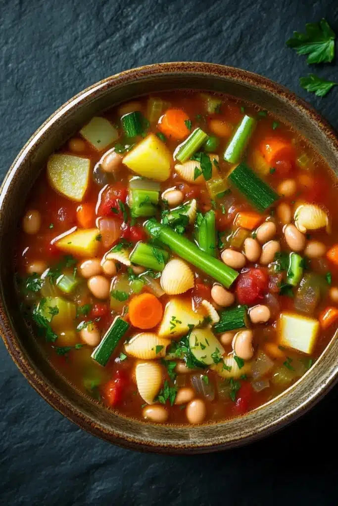 Minestrone soup classic - the image is a close-up of a bowl of soup. the soup appears to be a vegetable soup with white beans, carrots, celery, and other vegetables mixed in. the bowl is made of ceramic and is sitting on a dark grey surface. there are a few sprigs of parsley scattered around the bowl, adding a pop of green color to the dish. the broth is a rich red color and looks thick and creamy.