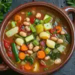 Minestrone soup classic - the image is a close-up of a bowl of soup. the soup appears to be a vegetable soup with white beans, carrots, celery, and other vegetables mixed in. the bowl is made of clay and has two handles on either side. the broth is a light brown color and there are a few sprigs of parsley scattered around the bowl. the background is a dark grey textured surface.