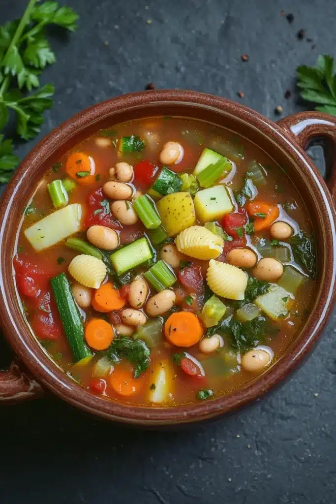 Minestrone soup classic - the image is a close-up of a bowl of soup. the soup appears to be a vegetable soup with white beans, carrots, celery, and other vegetables mixed in. the bowl is made of clay and has two handles on either side. the broth is a light brown color and there are a few sprigs of parsley scattered around the bowl. the background is a dark grey textured surface.