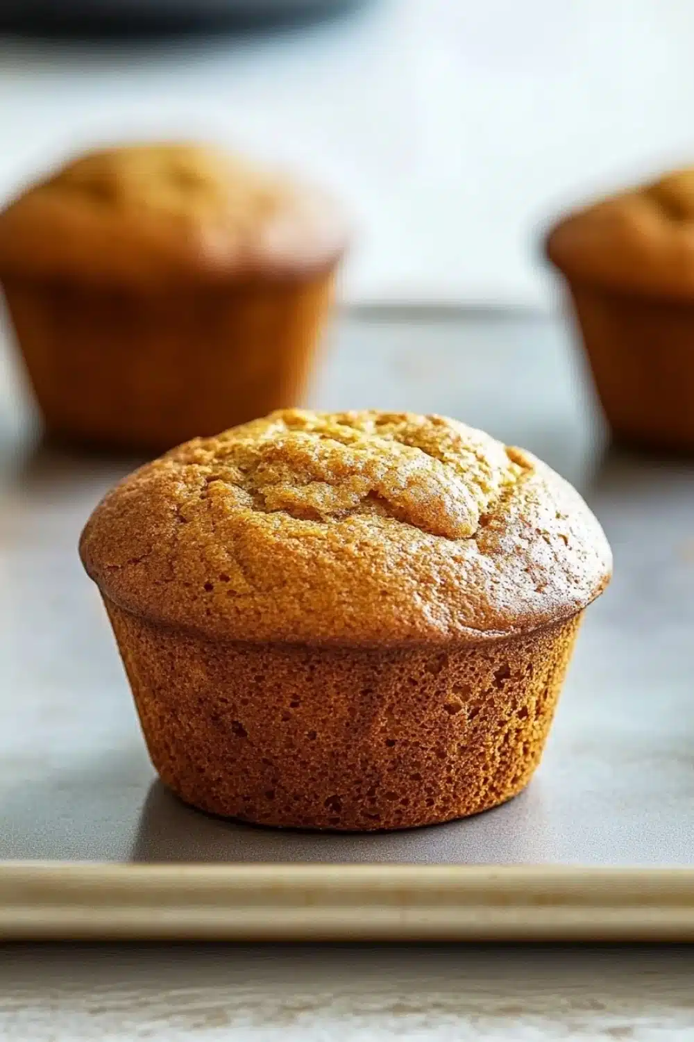 Muffin allo yogurt friggitrice ad aria - the image shows three freshly baked muffins on a baking tray. the muffins are golden brown in color and have a crumbly texture on top. they are arranged in a row on the tray, with one muffin in the foreground and two in the background. the tray is lined with parchment paper and there is a blurred background of a kitchen countertop. the overall mood of the image is warm and inviting.