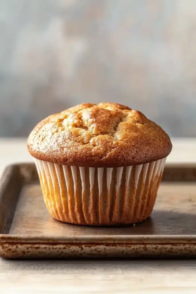 Muffin allo yogurt friggitrice ad aria - the image shows a freshly baked muffin on a wooden tray. the muffin is golden brown in color and has a crumbly texture on top. it appears to be freshly baked and is sitting on a white countertop. the tray is made of metal and has speckled edges. the background is blurred, but it seems to be a kitchen countertop with a gray wall.