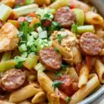 One pot cajun chicken and sausage pasta jambalaya - the image is a close-up of a bowl of pasta dish. the dish appears to be a type of penne pasta, with chunks of chicken and sausage mixed in. the pasta is cooked al dente and is garnished with chopped green onions and red bell peppers. the chicken is cooked to a golden brown color and looks crispy on the outside. the sausage is cut into small cubes and is scattered throughout the dish, adding a pop of color and texture. the vegetables are bright red and appear to be diced into small pieces. the bowl is made of ceramic and is sitting on a wooden table.