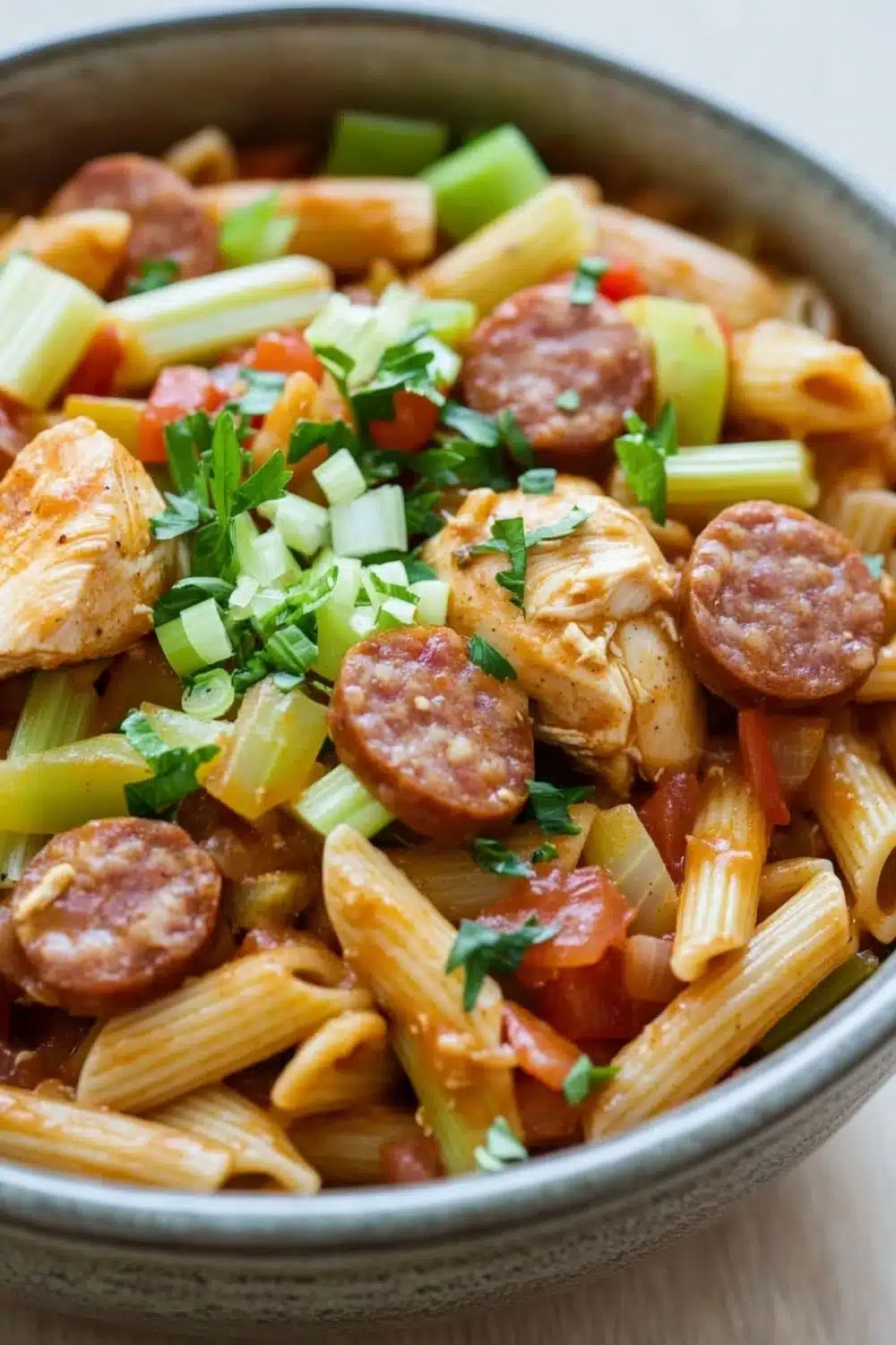 One pot cajun chicken and sausage pasta jambalaya - the image is a close-up of a bowl of pasta dish. the dish appears to be a type of penne pasta, with chunks of chicken and sausage mixed in. the pasta is cooked al dente and is garnished with chopped green onions and red bell peppers. the chicken is cooked to a golden brown color and looks crispy on the outside. the sausage is cut into small cubes and is scattered throughout the dish, adding a pop of color and texture. the vegetables are bright red and appear to be diced into small pieces. the bowl is made of ceramic and is sitting on a wooden table.