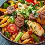One pot cajun chicken and sausage pasta jambalaya - the image is a close-up of a bowl of pasta dish. the pasta appears to be penne or penne, and it is mixed with various vegetables such as red bell peppers, green onions, and sliced tomatoes. there are also chunks of chicken and sausage scattered throughout the dish, and a sprig of parsley on top. the dish is served in a brown ceramic bowl with a dark brown rim. the background is a dark grey countertop.