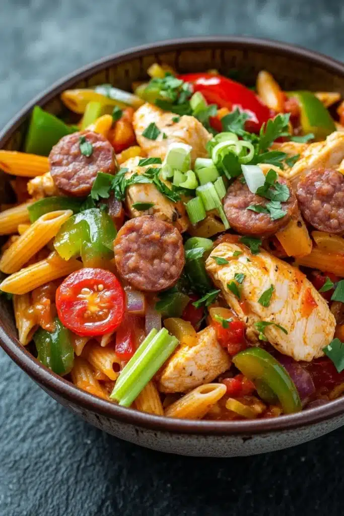 One pot cajun chicken and sausage pasta jambalaya - the image is a close-up of a bowl of pasta dish. the pasta appears to be penne or penne, and it is mixed with various vegetables such as red bell peppers, green onions, and sliced tomatoes. there are also chunks of chicken and sausage scattered throughout the dish, and a sprig of parsley on top. the dish is served in a brown ceramic bowl with a dark brown rim. the background is a dark grey countertop.