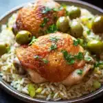 One pot chicken and rice with olives - the image shows a plate of food with two pieces of cooked chicken on top of a bed of white rice. the chicken is golden brown and appears to be seasoned with herbs and spices. the rice is fluffy and white, and there are small green olives scattered throughout the dish. the plate is garnished with a sprig of fresh parsley. in the background, there is another plate with more of the same dish, but it is slightly blurred. the overall color scheme of the image is warm and inviting.