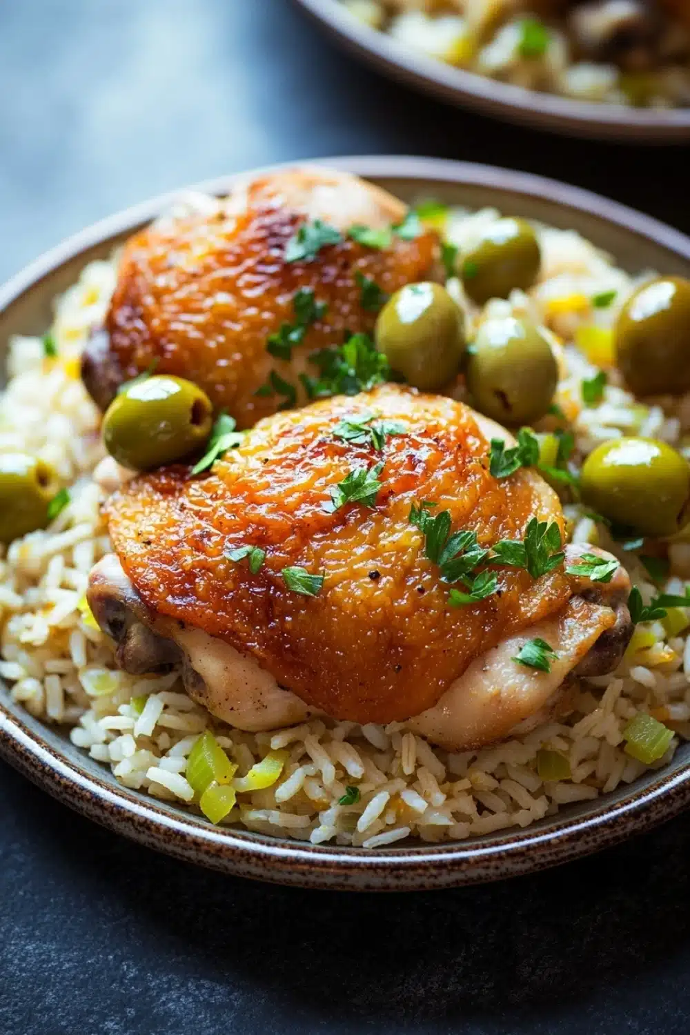 One pot chicken and rice with olives - the image shows a plate of food with two pieces of cooked chicken on top of a bed of white rice. the chicken is golden brown and appears to be seasoned with herbs and spices. the rice is fluffy and white, and there are small green olives scattered throughout the dish. the plate is garnished with a sprig of fresh parsley. in the background, there is another plate with more of the same dish, but it is slightly blurred. the overall color scheme of the image is warm and inviting.