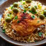 One pot chicken and rice with olives - the image shows a plate of food with a piece of chicken on top of a bed of rice. the chicken is cooked to a golden brown color and appears to be seasoned with herbs and spices. the rice is white and fluffy, and there are small green olives scattered throughout the dish. the plate is made of brown ceramic and is placed on a wooden table. the background is blurred, but it seems to be a rustic kitchen countertop.