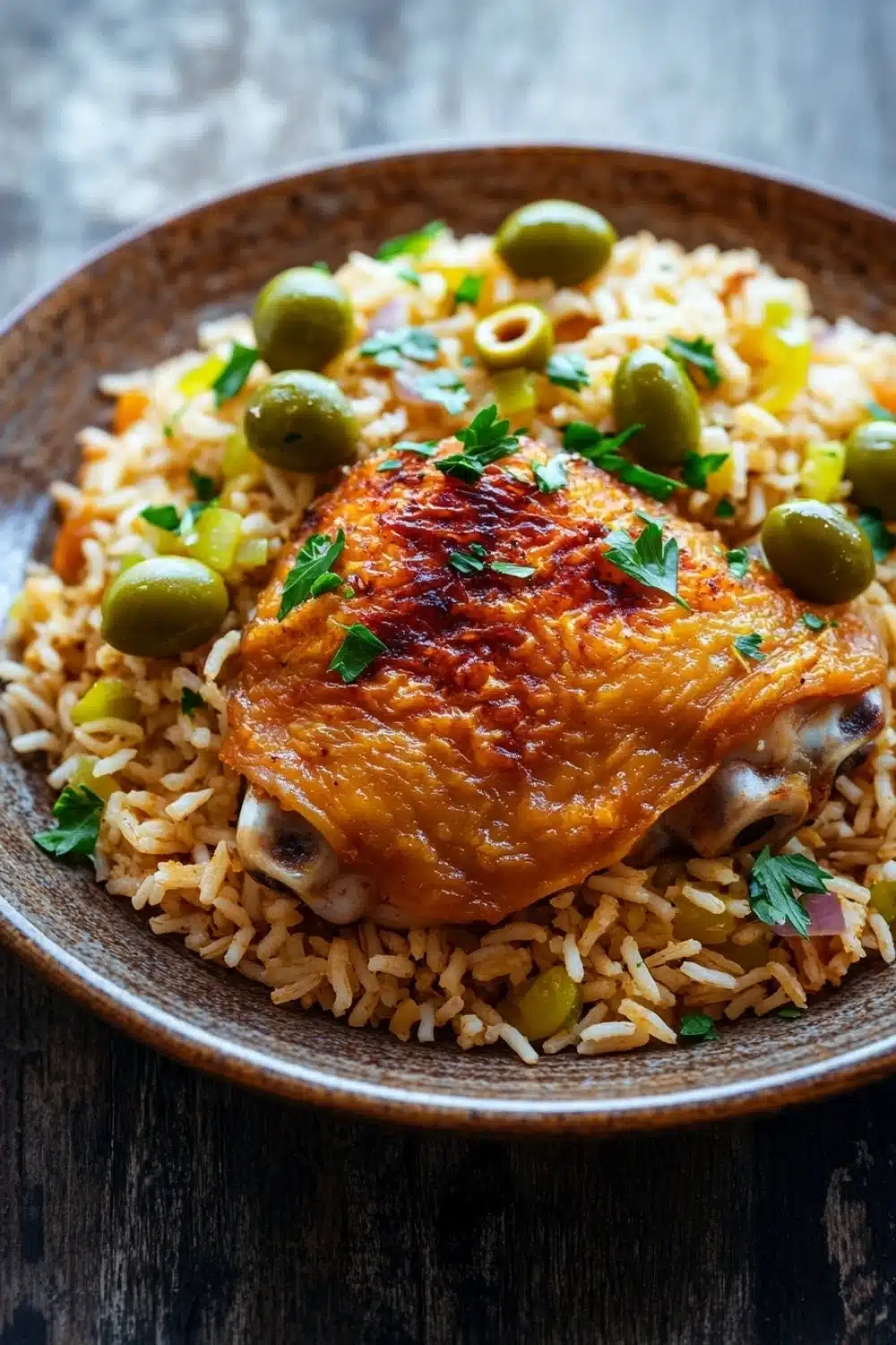 One pot chicken and rice with olives - the image shows a plate of food with a piece of chicken on top of a bed of rice. the chicken is cooked to a golden brown color and appears to be seasoned with herbs and spices. the rice is white and fluffy, and there are small green olives scattered throughout the dish. the plate is made of brown ceramic and is placed on a wooden table. the background is blurred, but it seems to be a rustic kitchen countertop.