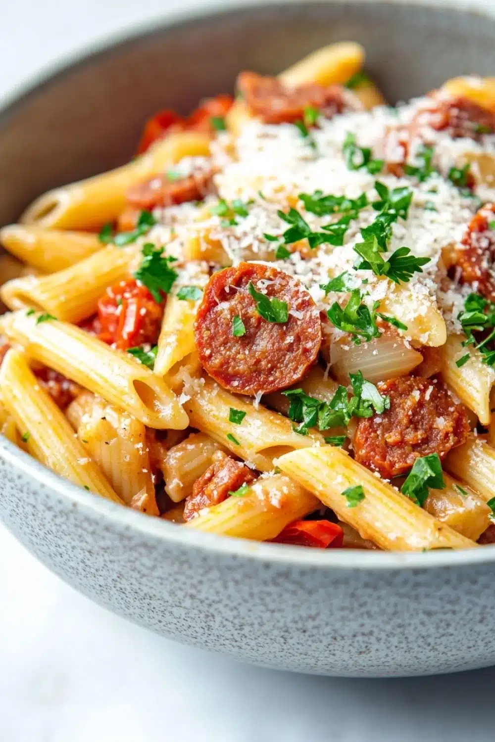One pot pasta and chorizo - the image is a close-up of a bowl of pasta dish. the pasta appears to be penne, which is a type of penne pasta, and is cooked in a tomato-based sauce. the dish is garnished with chopped parsley and grated parmesan cheese. there are also chunks of sausage and red bell peppers scattered throughout the dish, adding a pop of color and texture. the bowl is made of ceramic and is sitting on a white marble countertop.