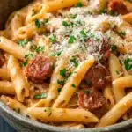One pot pasta and chorizo - the image is a close-up of a bowl of penne pasta with sausage and tomato sauce. the pasta is cooked al dente and is topped with a generous amount of grated parmesan cheese. the dish is garnished with fresh parsley. the bowl is made of ceramic and is sitting on a wooden table. the background is blurred, but it appears to be a kitchen countertop.