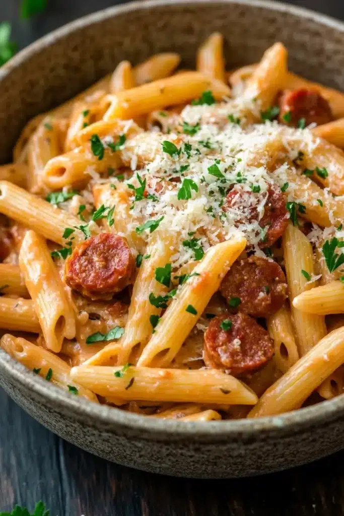 One pot pasta and chorizo - the image is a close-up of a bowl of penne pasta with sausage and tomato sauce. the pasta is cooked al dente and is topped with a generous amount of grated parmesan cheese. the dish is garnished with fresh parsley. the bowl is made of ceramic and is sitting on a wooden table. the background is blurred, but it appears to be a kitchen countertop.