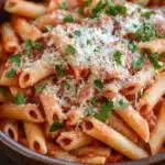 One pot pasta jar sauce - the image shows a bowl of penne pasta with tomato sauce and grated parmesan cheese on top. the penne is long and slender, and the sauce is a deep red color. the dish is garnished with fresh parsley leaves. the bowl is made of dark brown ceramic and is sitting on a wooden table. the background is blurred, but it appears to be a kitchen countertop.