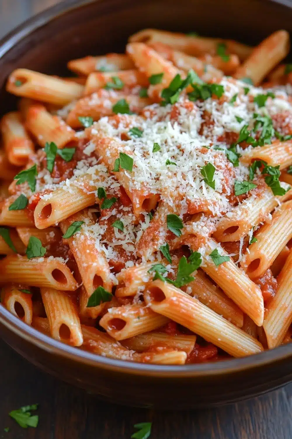 One pot pasta jar sauce - the image shows a bowl of penne pasta with tomato sauce and grated parmesan cheese on top. the penne is long and slender, and the sauce is a deep red color. the dish is garnished with fresh parsley leaves. the bowl is made of dark brown ceramic and is sitting on a wooden table. the background is blurred, but it appears to be a kitchen countertop.
