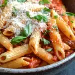 One pot pasta jar sauce - the image is a close-up of a bowl of pasta dish. the pasta appears to be penne, which is a type of penne pasta, and is cooked in a tomato-based sauce. the sauce is a deep red color and is drizzled over the top with grated parmesan cheese. there are also fresh basil leaves scattered throughout the dish, adding a pop of green color. the bowl is made of ceramic and is sitting on a dark grey surface.