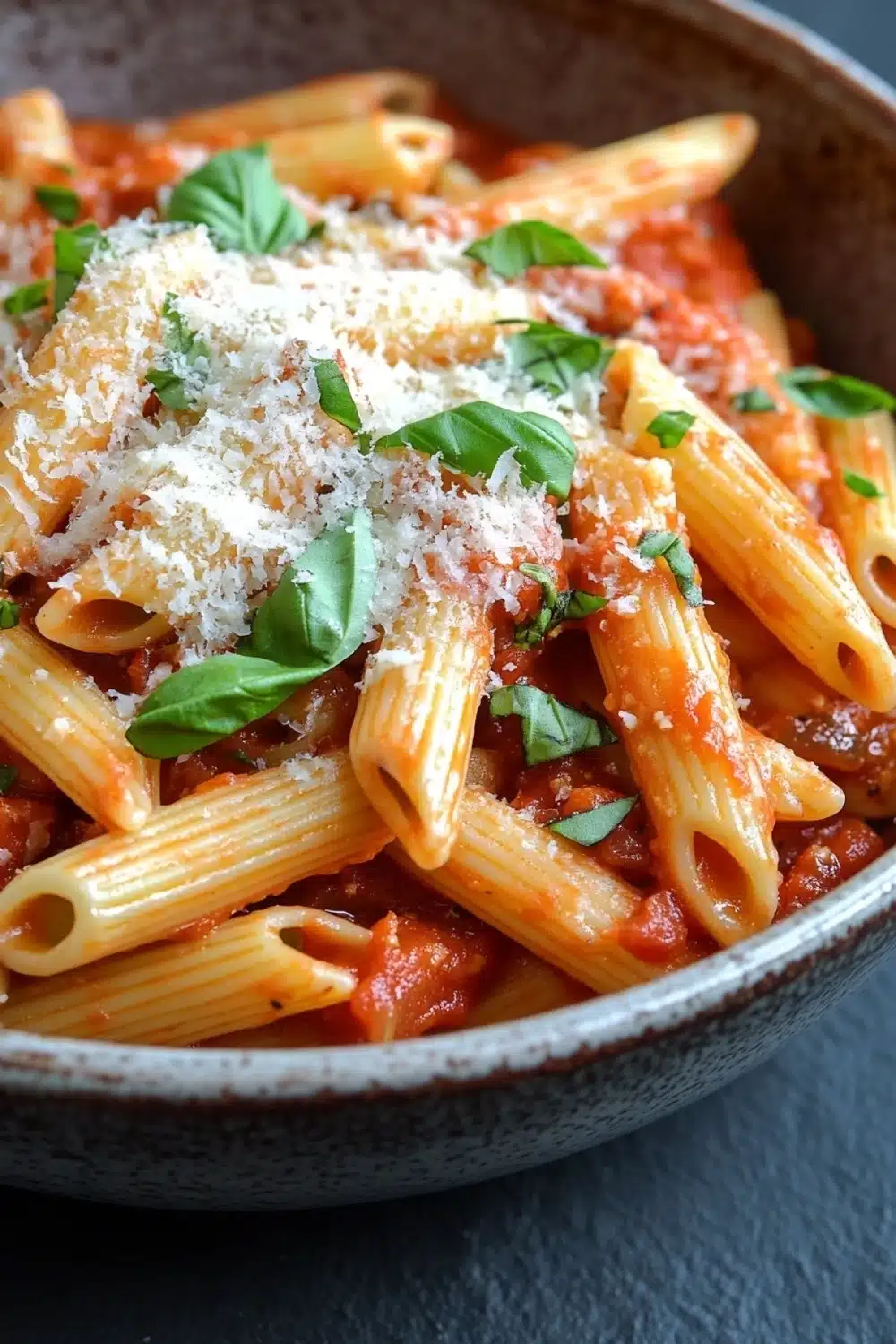 One pot pasta jar sauce - the image is a close-up of a bowl of pasta dish. the pasta appears to be penne, which is a type of penne pasta, and is cooked in a tomato-based sauce. the sauce is a deep red color and is drizzled over the top with grated parmesan cheese. there are also fresh basil leaves scattered throughout the dish, adding a pop of green color. the bowl is made of ceramic and is sitting on a dark grey surface.